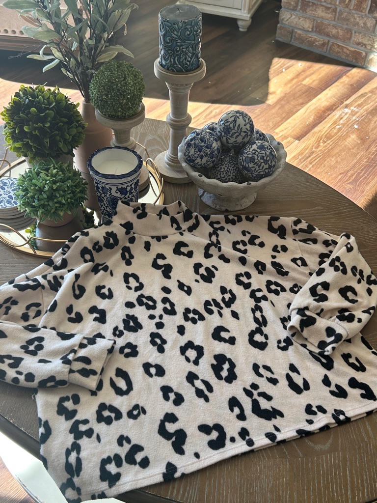Lush Cream And Black Leopard Print Mock Neck Top